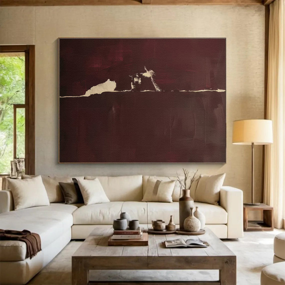 Burgundy and Beige Abstract Silhouette Minimalist Abstract Painting On Canvas DKS141