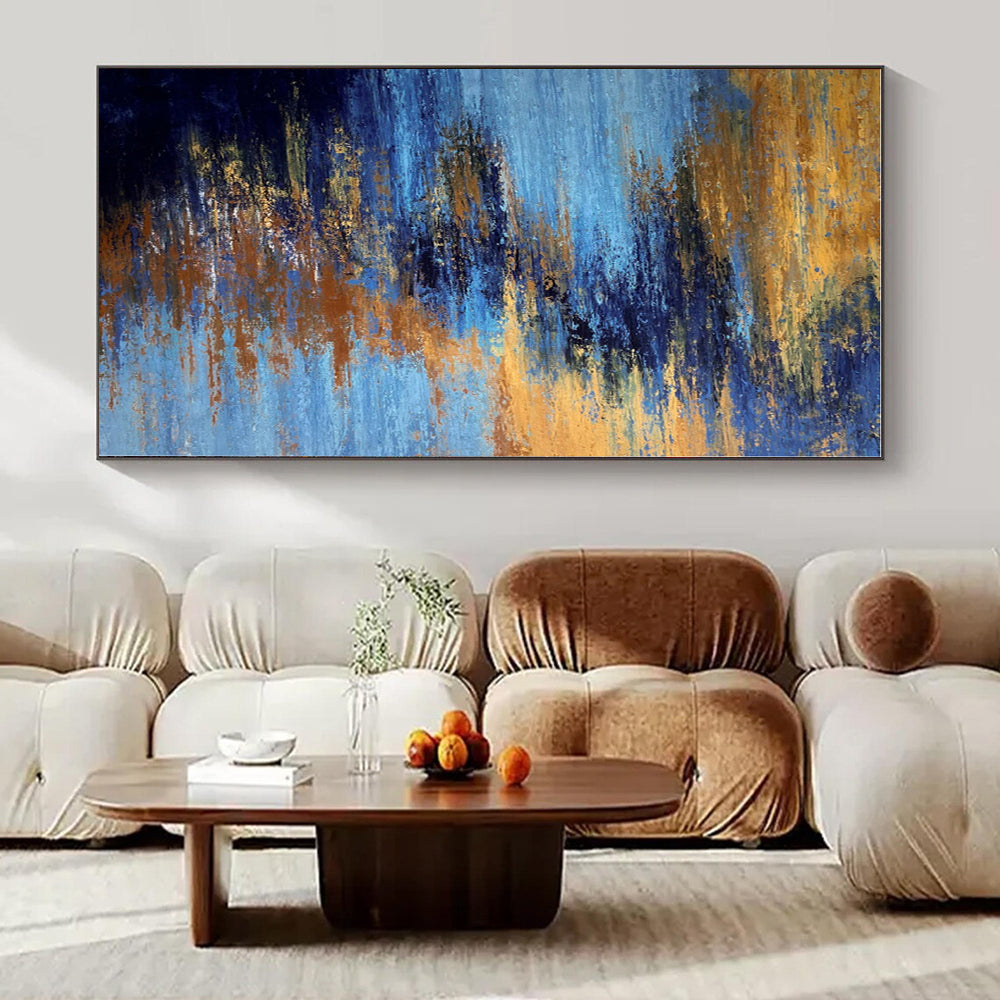 Blue and Gold Abstract Sunset - Textured Color Blends Painting On Canvas PS1234