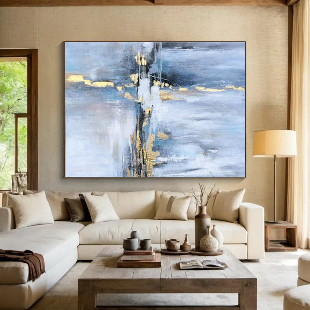 “Blue - Gold Abstract Streaks” - Cool Tones “Azure Gleam” Painting On Canvas PT1631