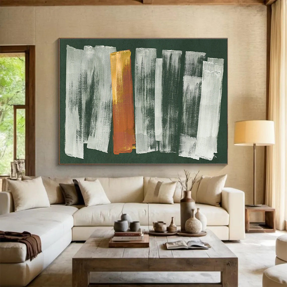 “Green Background with Gray and Gold Strokes” - Abstract Acrylic Painting, Great for Office & Living Room DKS612