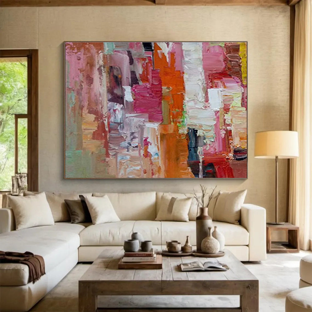 Vibrant Pink - Orange Abstract - Energetic Cubist - inspired Painting On Canvas DKS375
