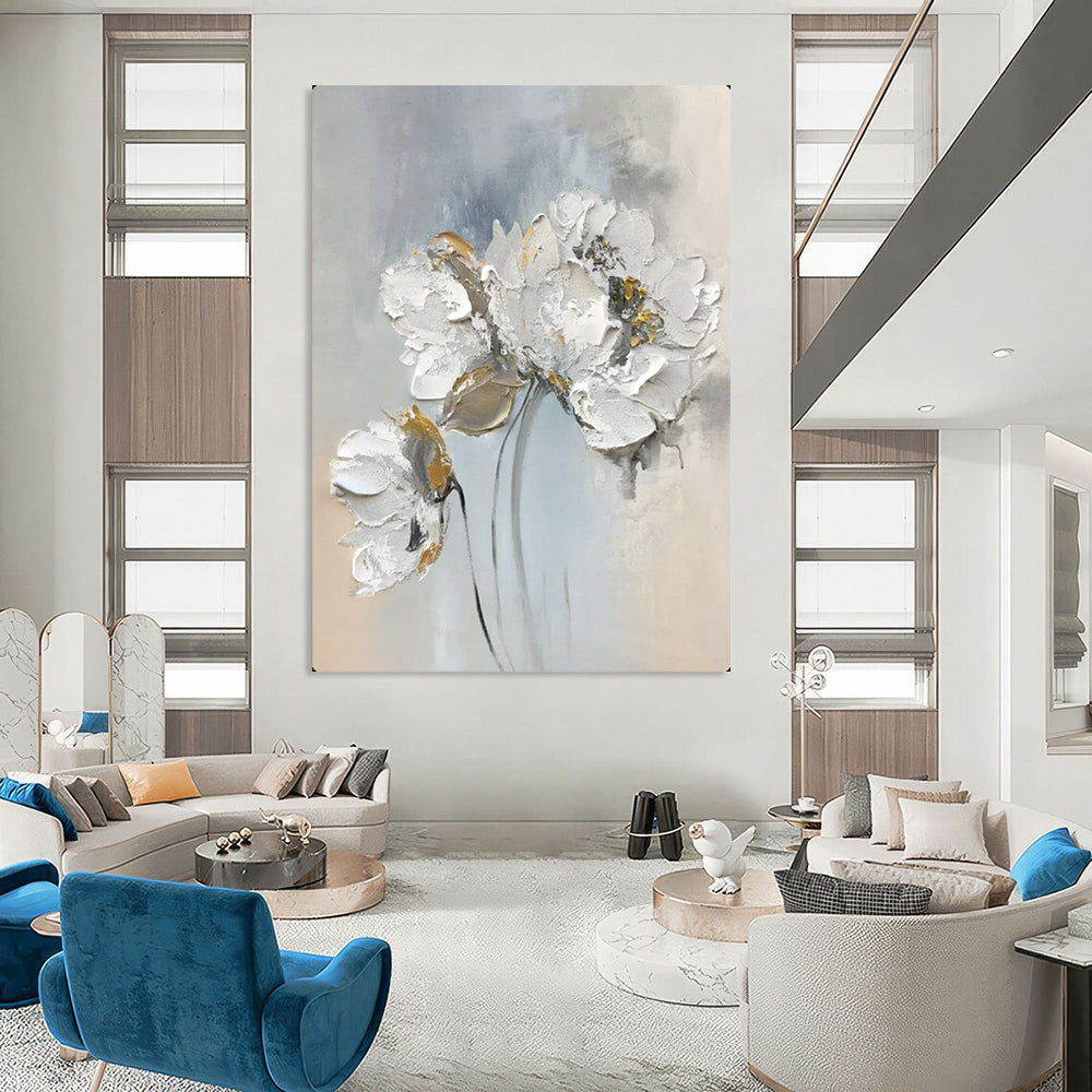 Elegant Blooms White & Gold Impasto Flowers, Painting On Canvas PT2149