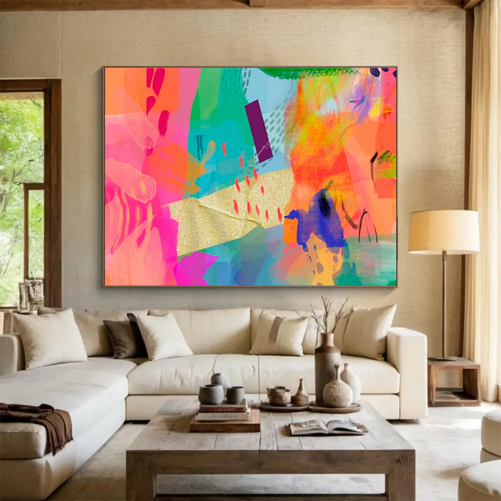 “Vibrant Color Collage” Mixed - Media Abstract Painting On Canvas DKS199