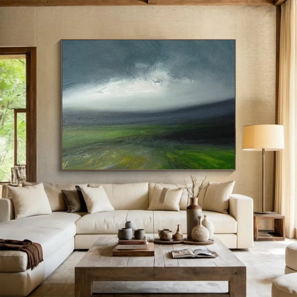 “Moody Green Landscape with a Hint of Blue” - Atmospheric Oil Painting On Canvas PT029