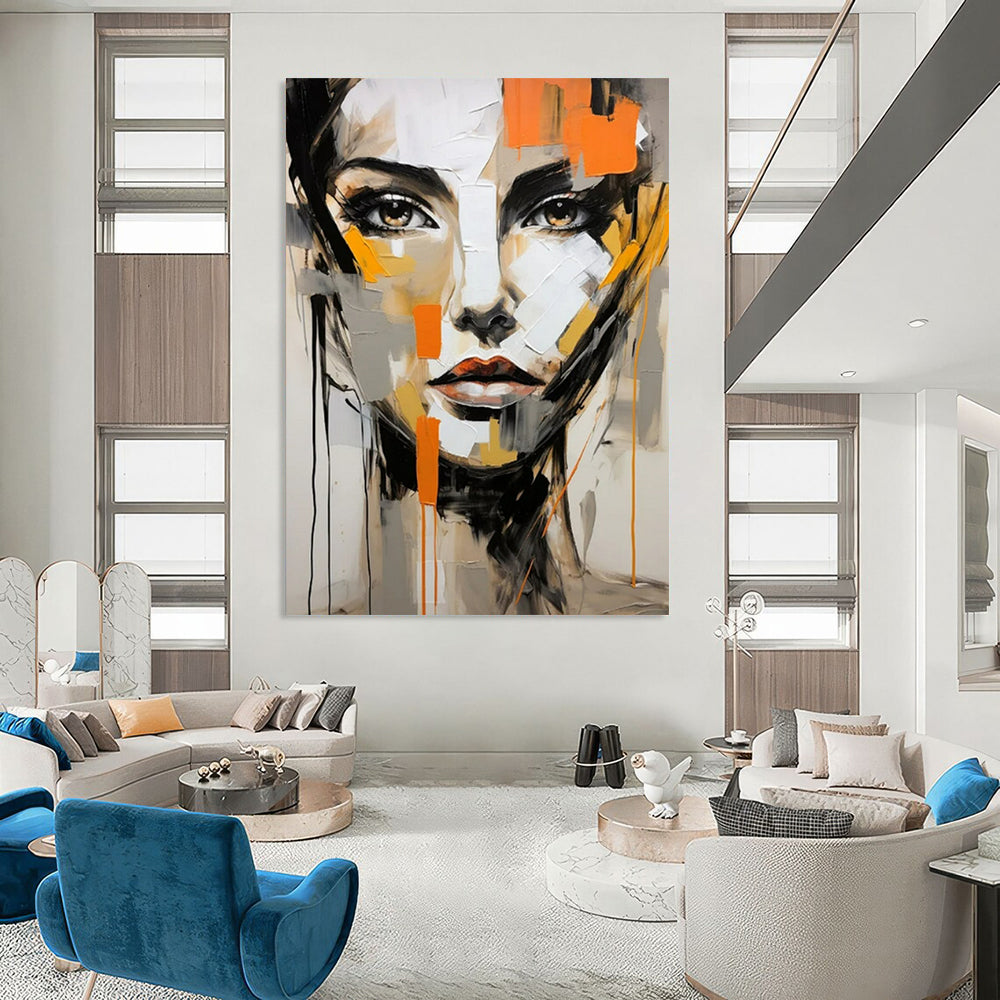 “Abstract Face with Orange Accents” - Contemporary Expressionist Painting On Canvas PT2215