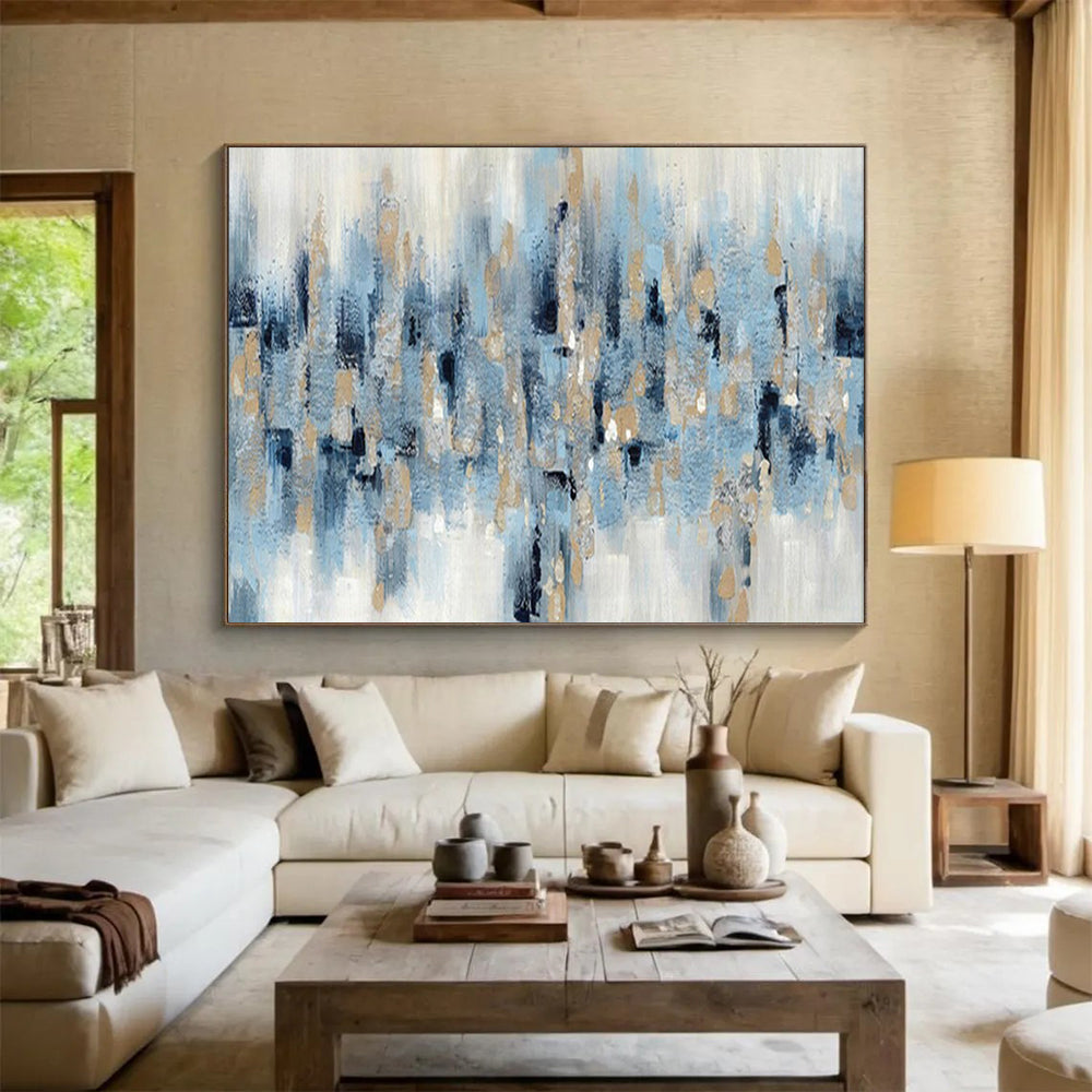 “Blue - Gold Abstract Drip” - Elegant Splashes Painting On Canvas PT1519