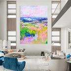 “Colorful Landscape: Pink, Green, and Blue Impressionistic Field” - Vibrant Impressionistic Painting On Canvas PT0934
