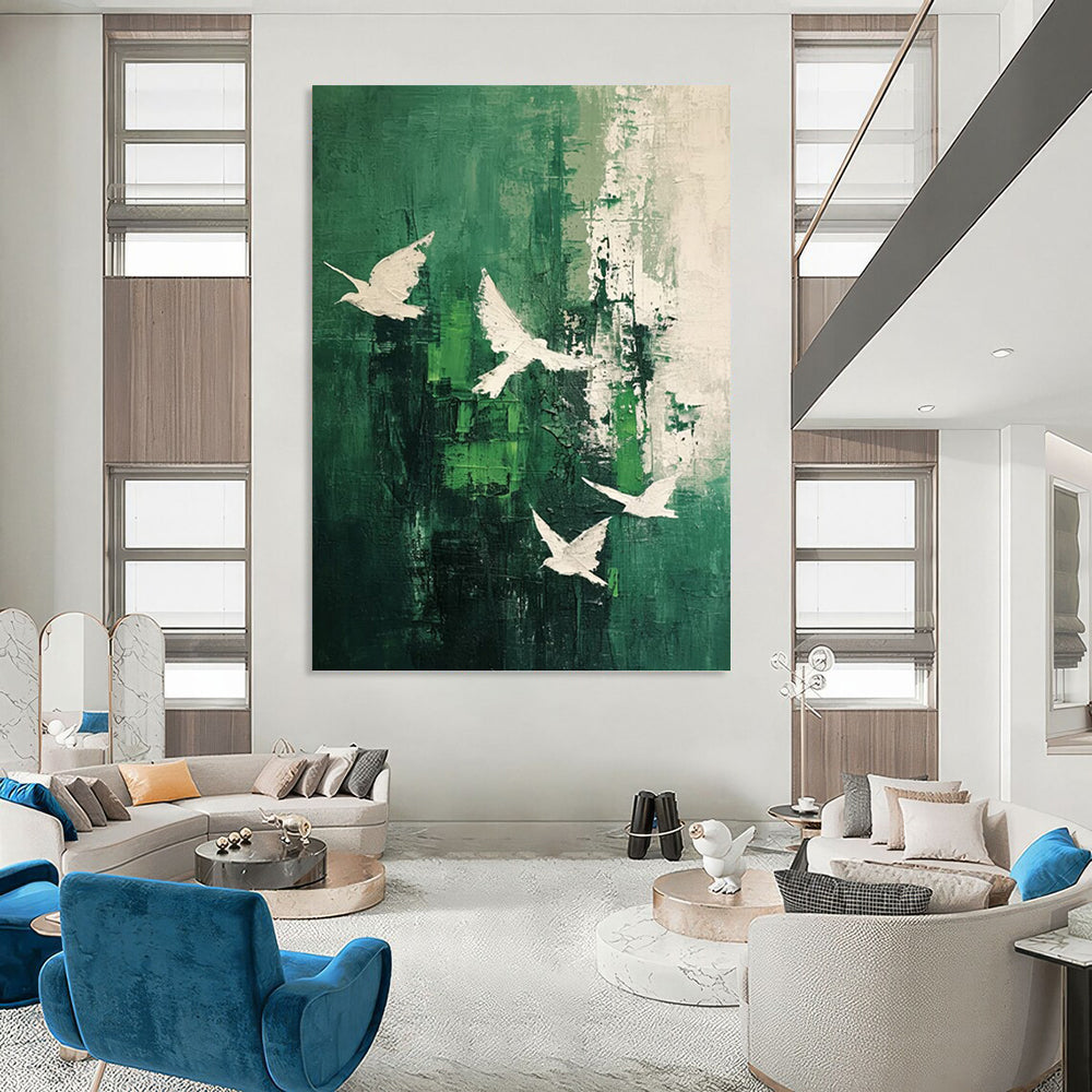 “Green - White Bird Abstract” - Abstract Expressionist Painting On Canvas PT1311