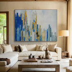 “Blue - Gold Abstract Cityscape” - Metallic Accents “Urban Skyline” Painting On Canvas PT1659