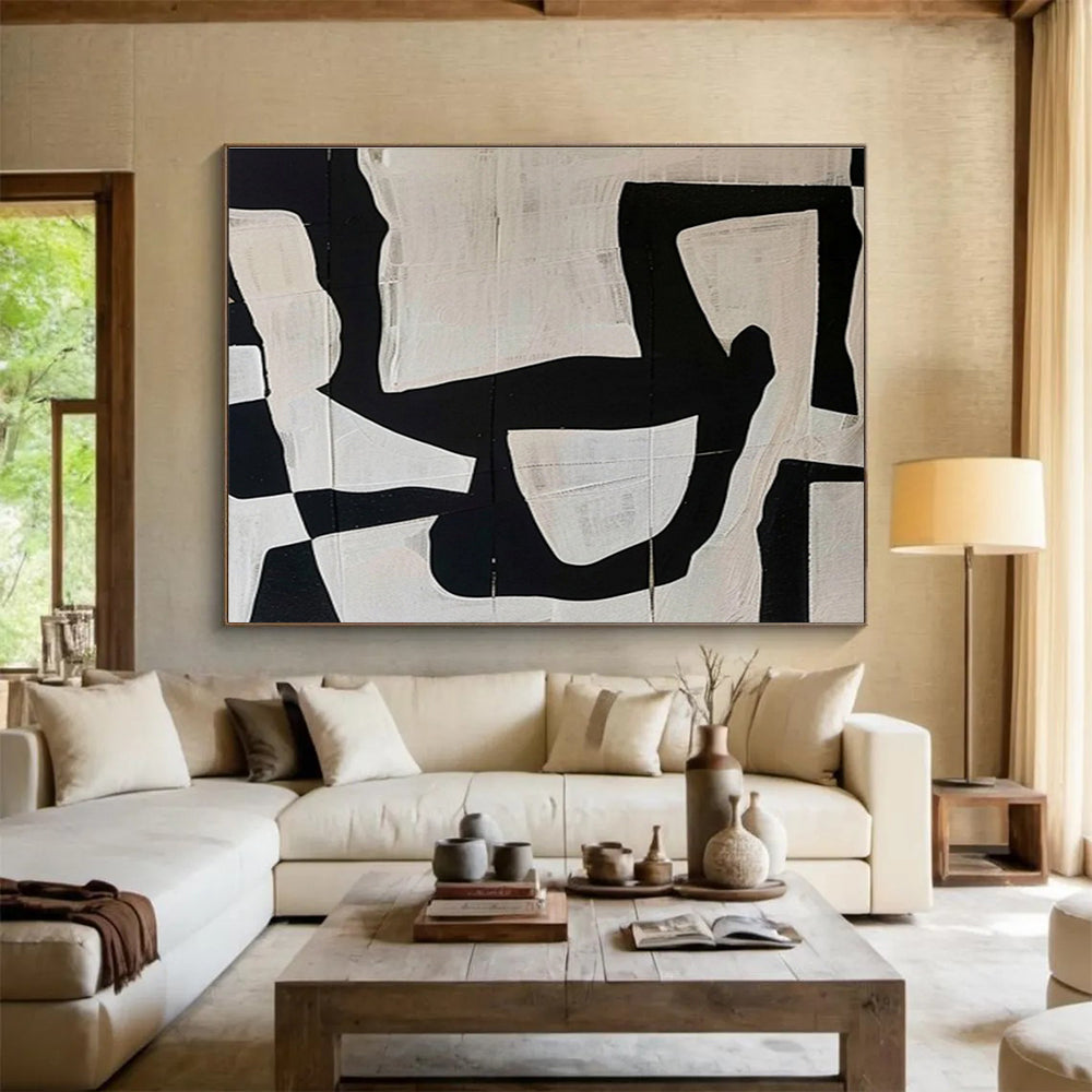 “Black - White Collage Abstraction” - Black & White Abstract, Collage - Style Painting On Canvas DKS745