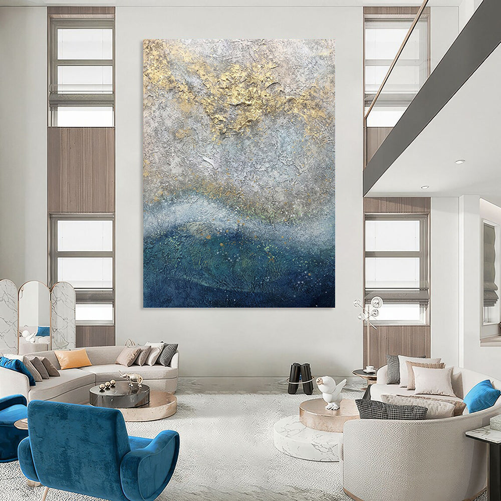 “Textured Grey - Gold: Abstract Coastal Art” - Luxe Seaside Painting On Canvas PT0958
