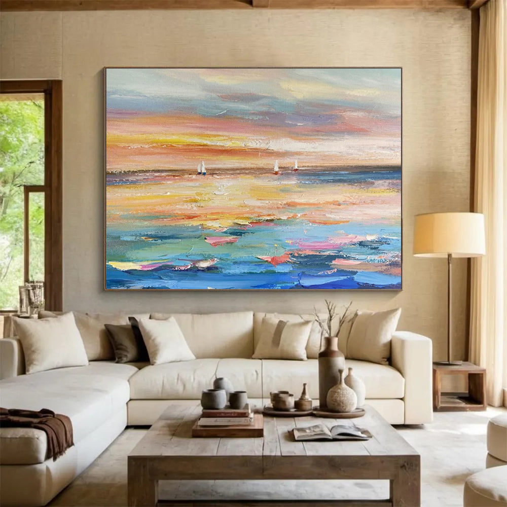 “Sailboats at Sunset” - Impressionist Seascape - Painting On Canvas PT1745