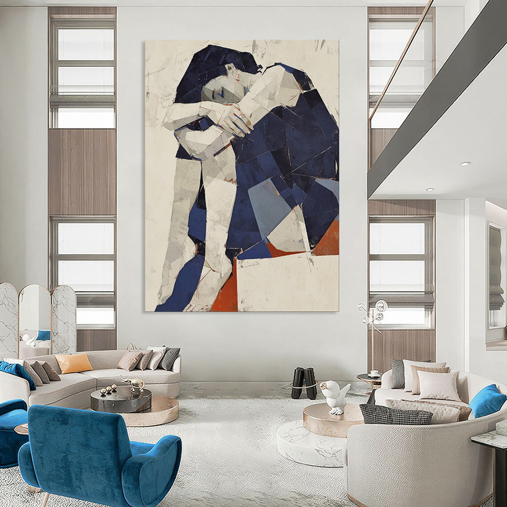 “Blue - White - Red Cubist Figure” - Cubist Portrait Painting On Canvas PT1980