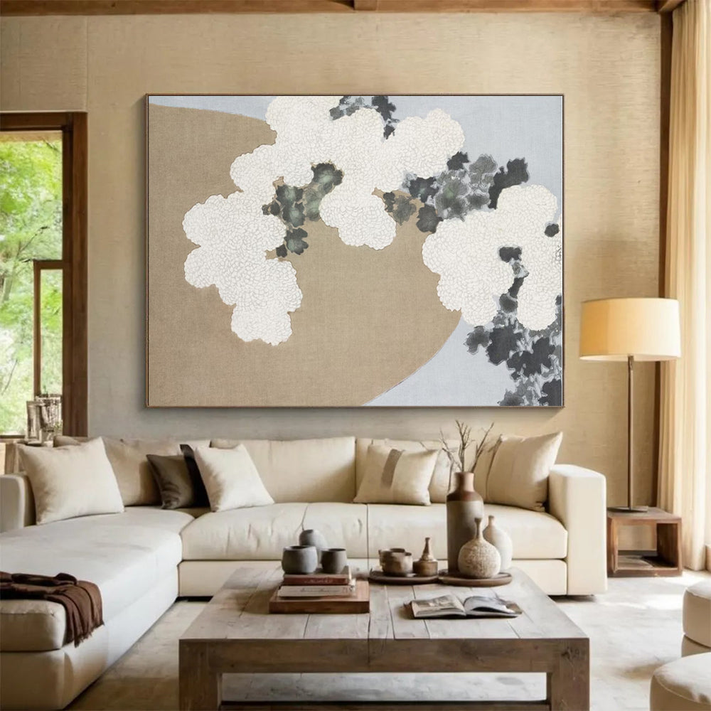 “White Blossoms & Beige Rock” - White, Gray, Beige Floral Abstract Painting On Canvas PS0750