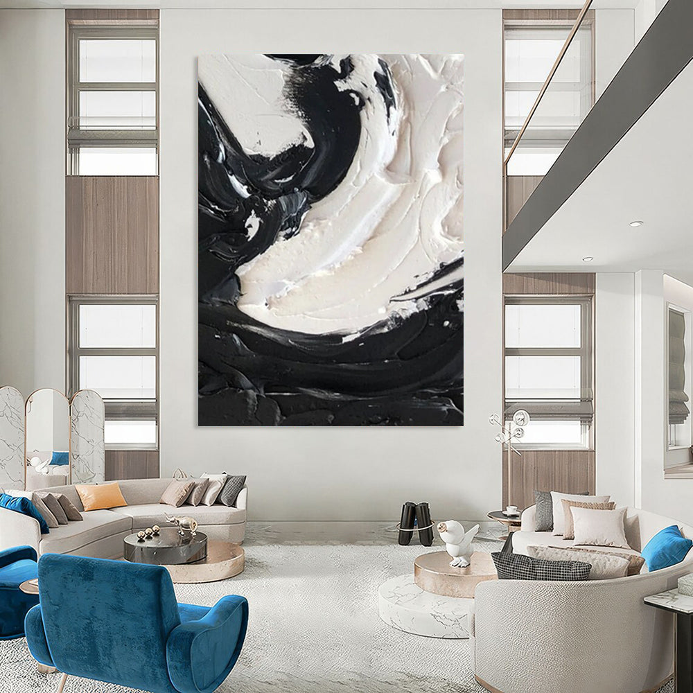 “Swirling Black and White Textures” - Tactile Abstract Painting On Canvas DS385