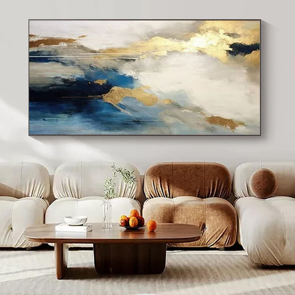 Blue, White, and Gold Abstract Echo - Repeated Flowing Color Painting On Canvas PS1240