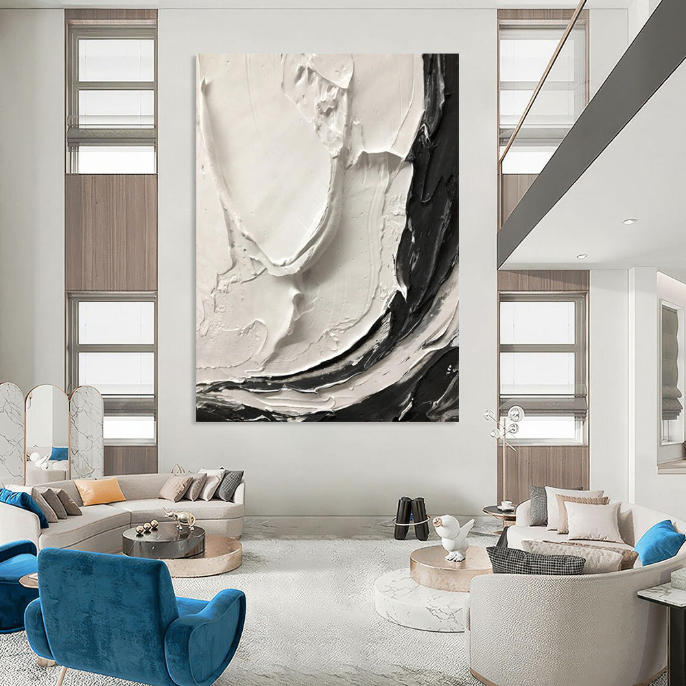 “Thick Black and White Textured Swirls” - Tactile Abstract Painting On Canvas DS387
