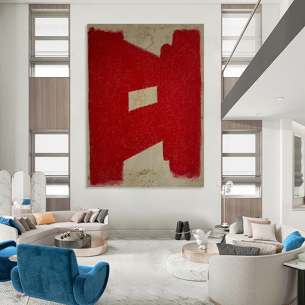 “Red Geometric Shape on Beige” - Bold Color Block Abstract Painting On Canvas PT1076