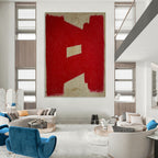 “Red Geometric Shape on Beige” - Bold Color Block Abstract Painting On Canvas PT1076