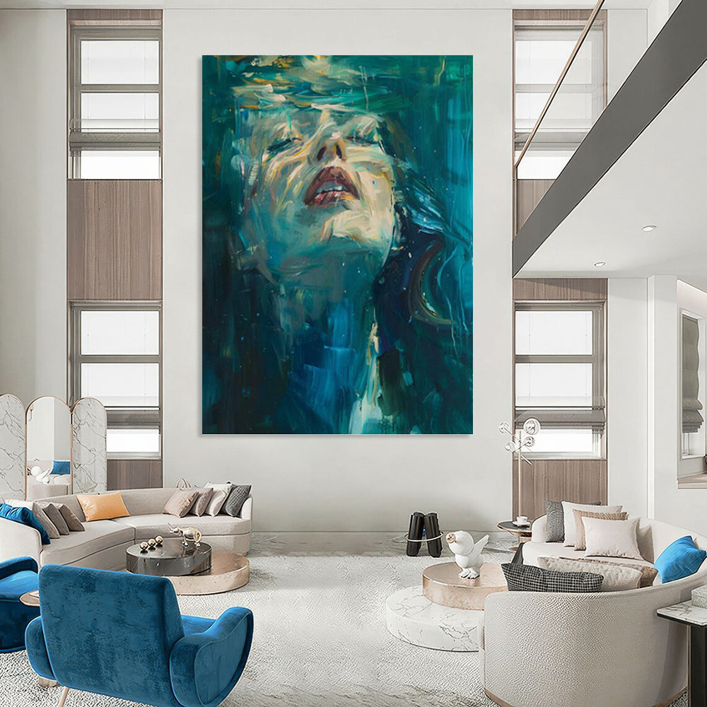 “Blue - Green Underwater Portrait” - Impasto Abstract Painting On Canvas PT1183