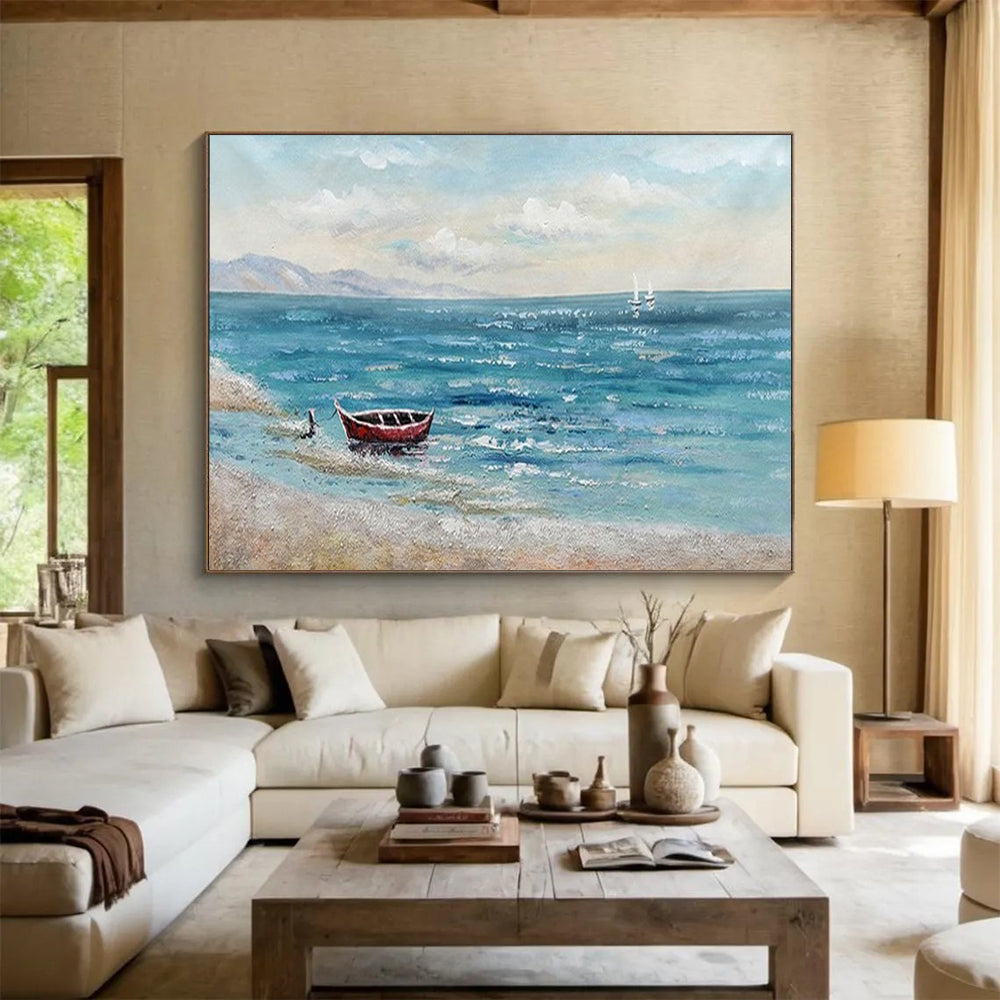 “Red Boat Coastal Calm” - Seaside Landscape Painting On Canvas PT224