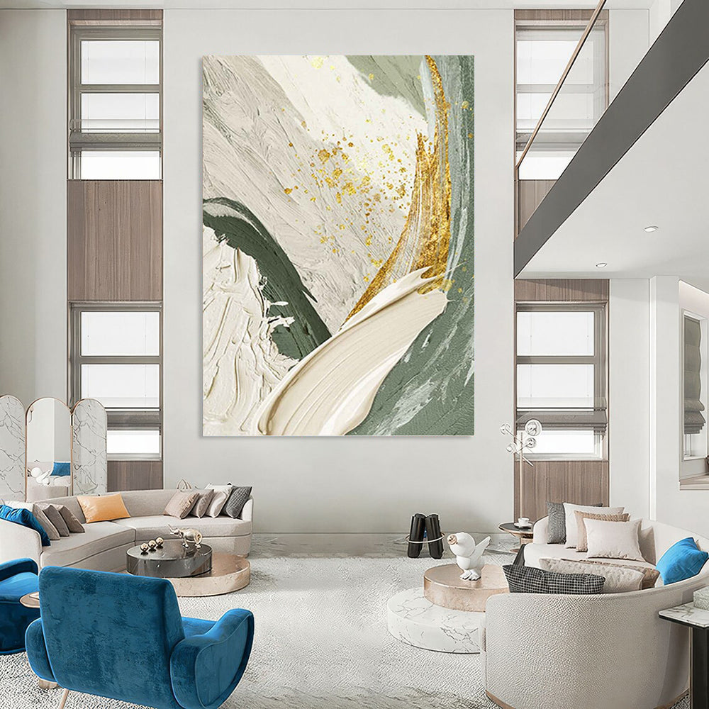 “Green and Gold Abstract” - Luxurious, Abstract Painting On Canvas PT1495
