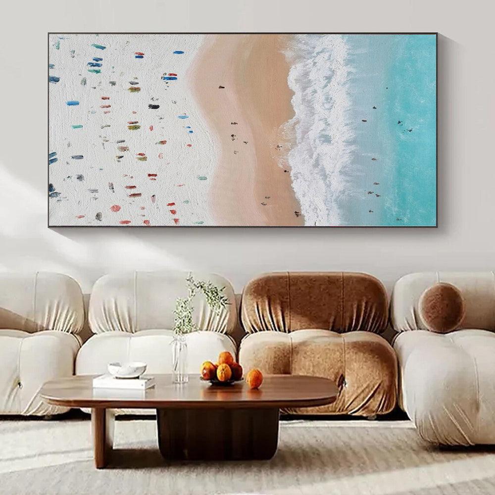 Blue, White, Beige and Colorful Dots "Beach Carnival" Impressionistic Abstract Painting On Canvas PS1131
