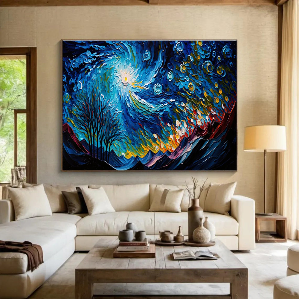 “Starry Night Mountains” - Impasto Oil Painting On Canvas DKS885