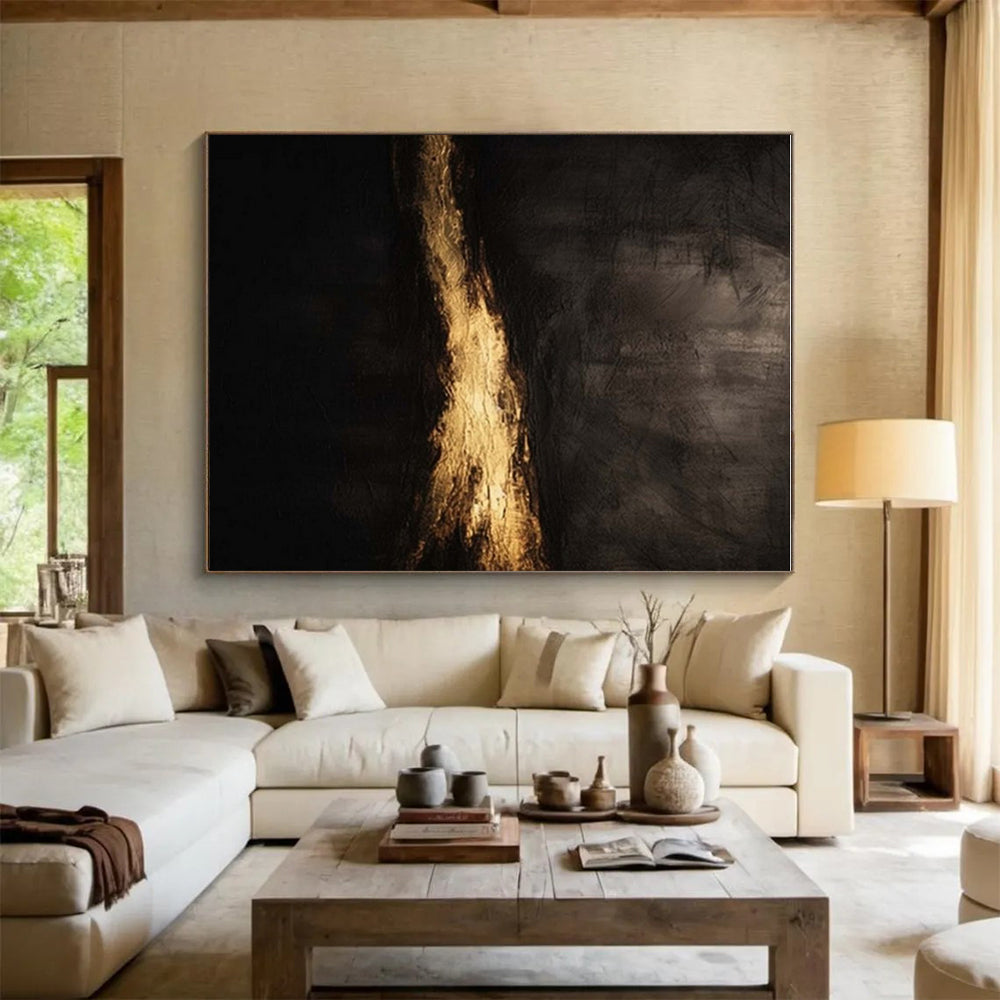 “Dark & Golden Mystery” - Black, Gold Abstract Minimalist Painting On Canvas PS0686