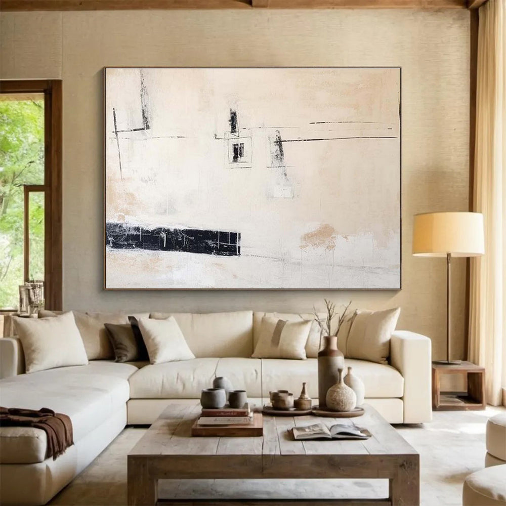 Beige and Black Minimalist Abstract Abstract Painting On Canvas DKS096