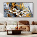 White, Gold, Gray with Textured Flowers "Gilded Blossom" Floral Painting On Canvas PS1254