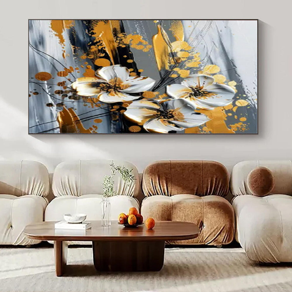 White, Gold, Gray with Textured Flowers "Gilded Blossom" Floral Painting On Canvas PS1254