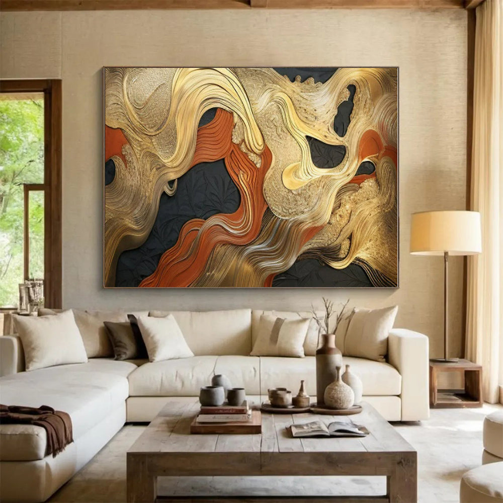 Gold, Orange & Black Abstract Waves Painting On Canvas PS0822