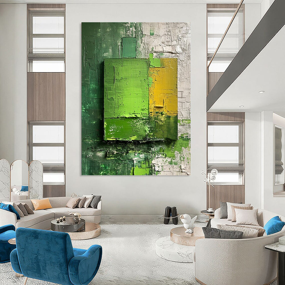 “Green - Yellow Textured Squares” - Abstract Expressionist Painting On Canvas DS030