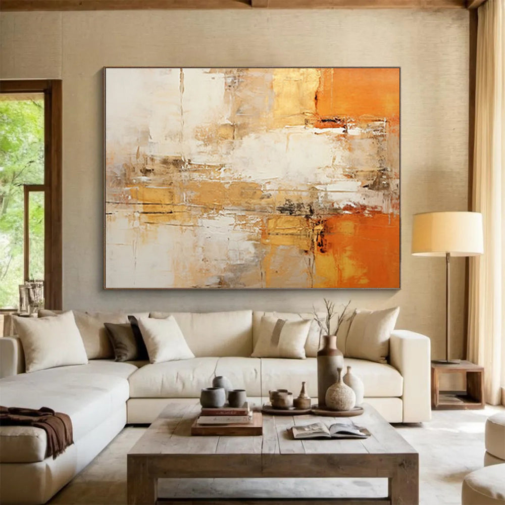 “Warm Orange and Beige Abstract Layers” - Impasto Abstract Painting On Canvas PT096
