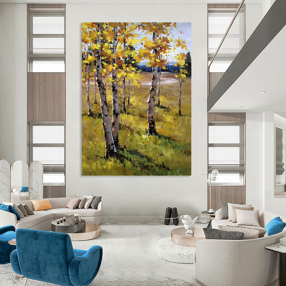 “Yellow - Green Autumn Birch Field” - Impasto Landscape Painting On Canvas PT1284