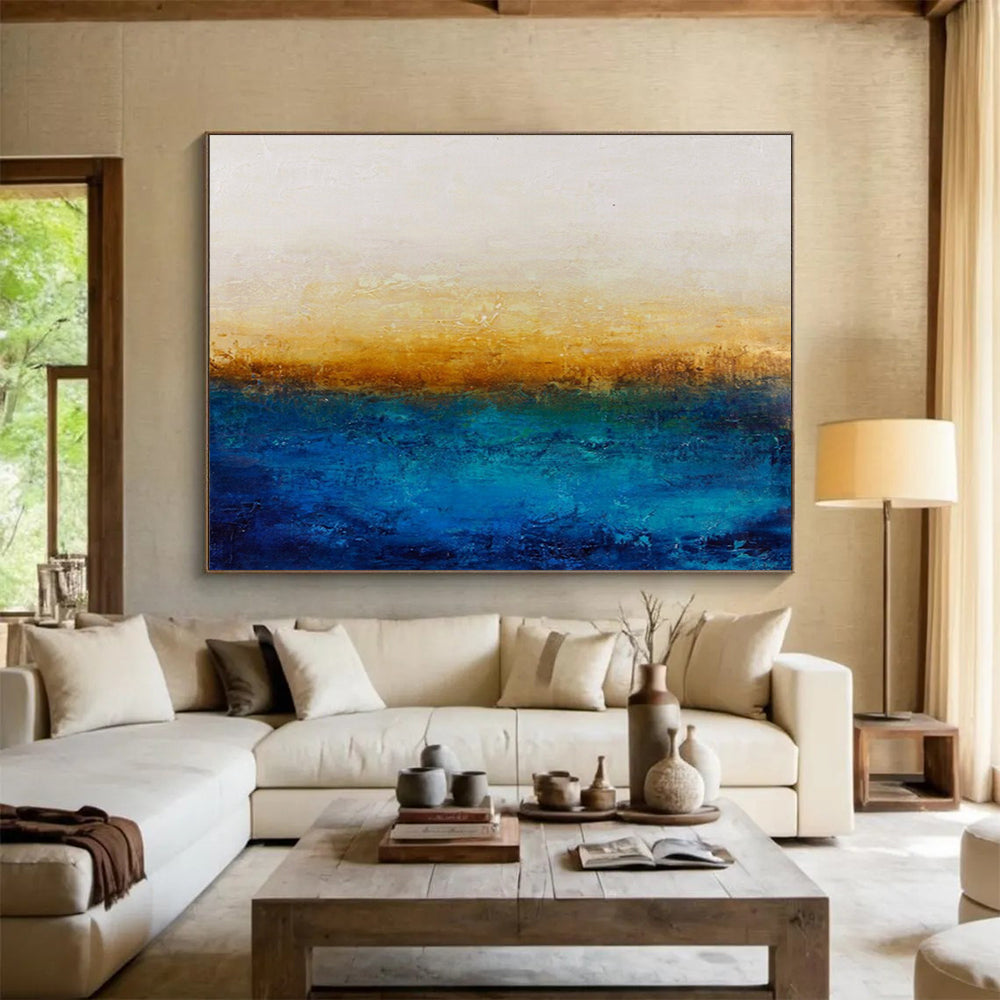 “Blue - Gold Horizon” - Abstract, Minimalist - Styled Painting On Canvas DKS007
