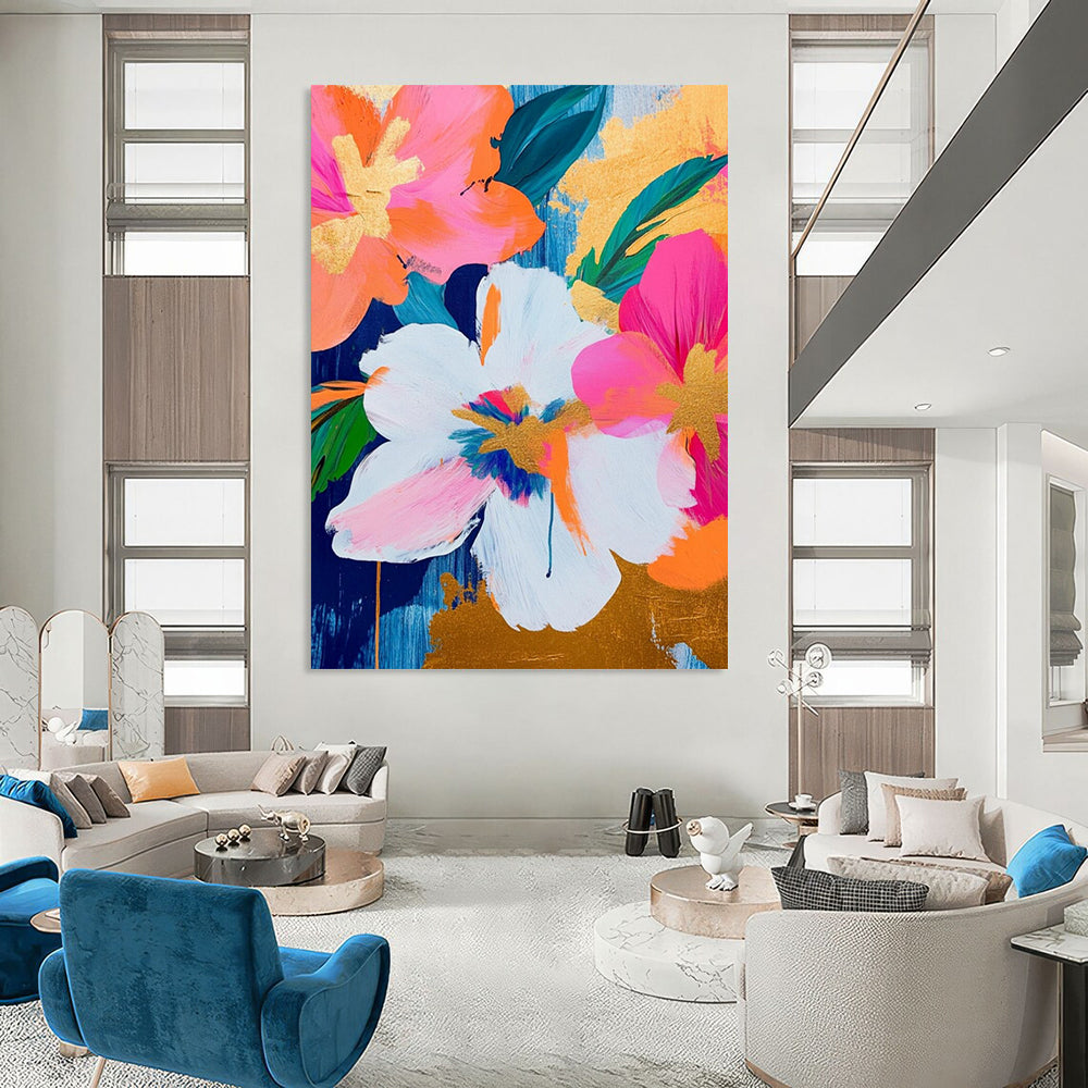 “Pink, Orange & Gold Floral” - Bold Floral Abstract Painting On Canvas DS284