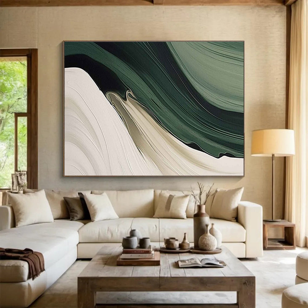 “Flowing Green - Beige Waves” - Green, Beige & White Abstract, Fluid Acrylic Painting On Canvas DKS753