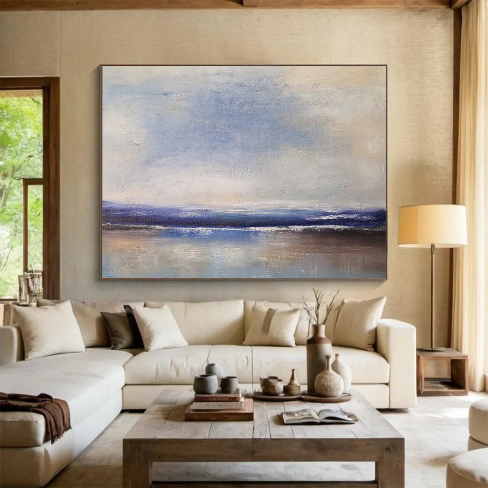 “Soft Coastal Horizon in Blues and Neutrals” - Minimalist Seascape Oil Painting On Canvas PT037