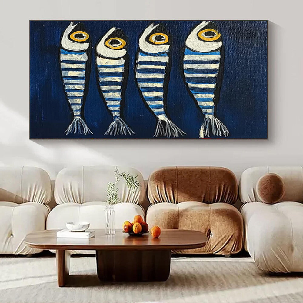 Blue, White, Yellow with Striped Fish "Sea Stripes" Naive Art Painting On Canvas PS1189