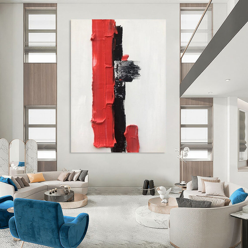 “Red, Black, and White Textured Forms” - Striking Abstract Painting On Canvas DS390