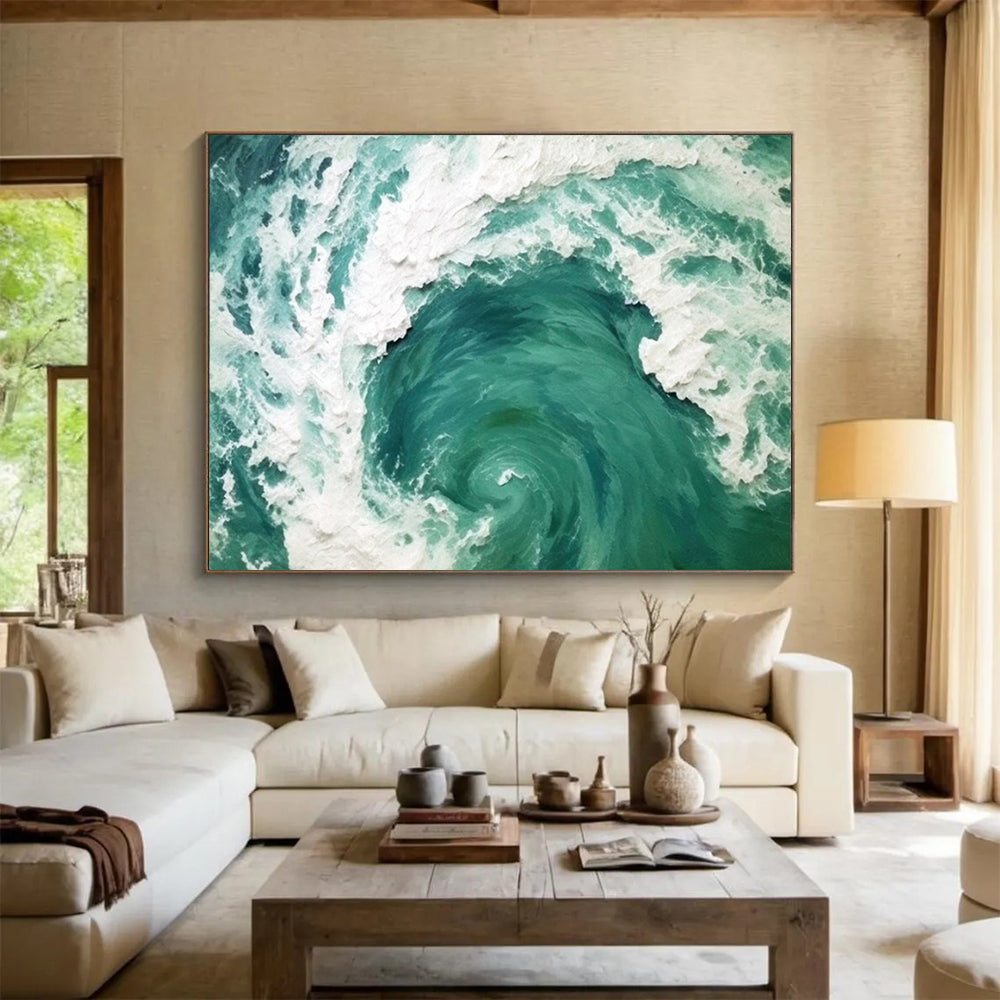 “Teal - White Swirling Wave” - Turquoise Motion “Ocean Vortex” Painting On Canvas PT1645