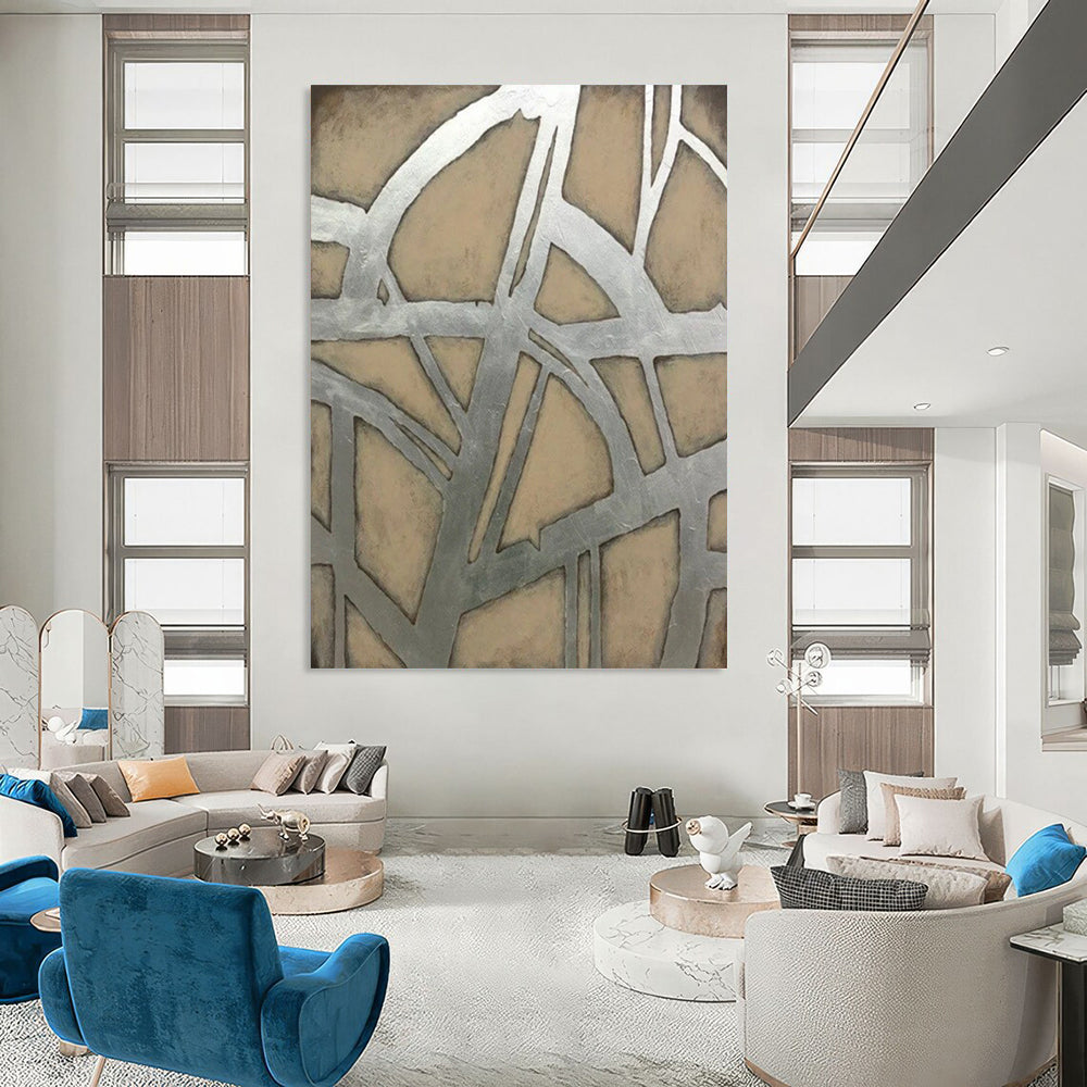 “Silver - Beige Geometric” - Modernist Abstract Painting On Canvas PT2328