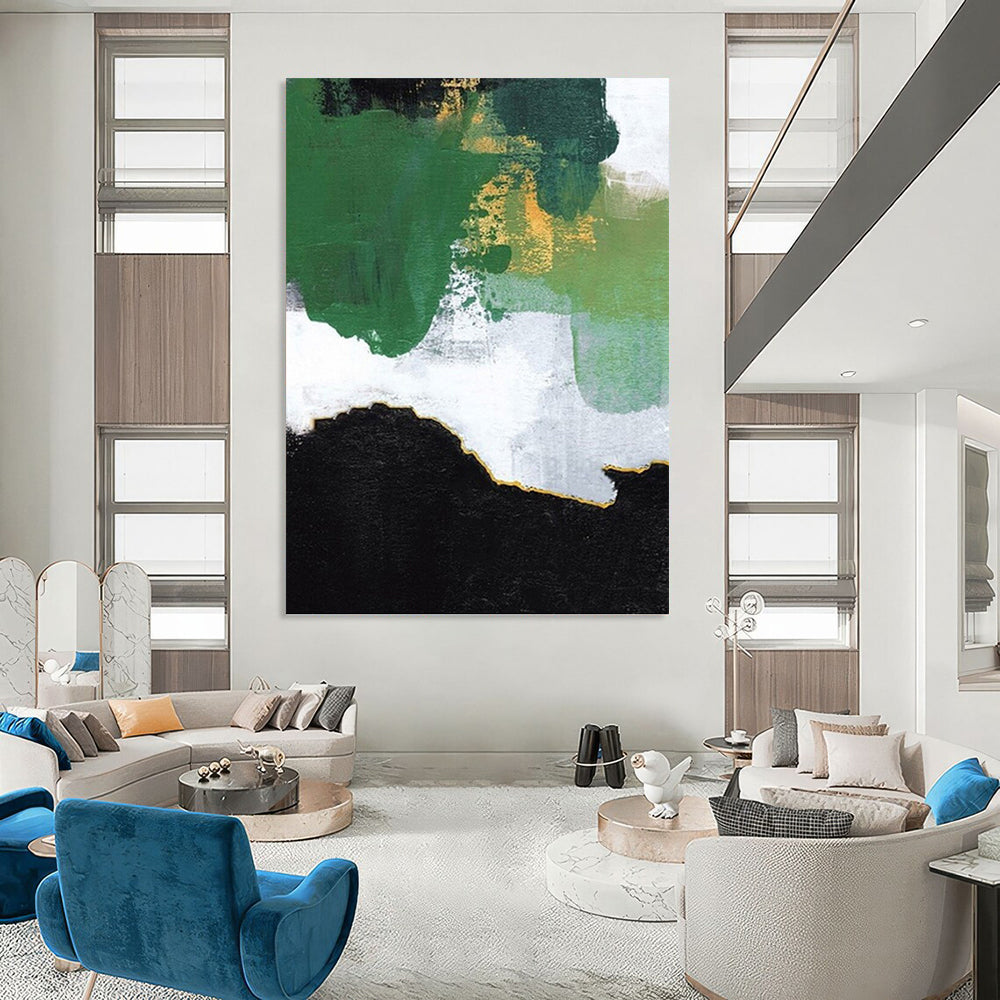 “Green - Gold - White Abstract Patches” - Abstract Expressionist Painting On Canvas PT1222