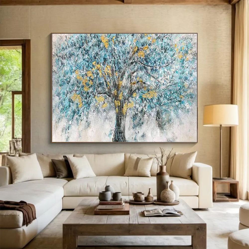 “Blue Tree with Yellow Blossoms” - Abstract Oil Painting On Canvas DKS889