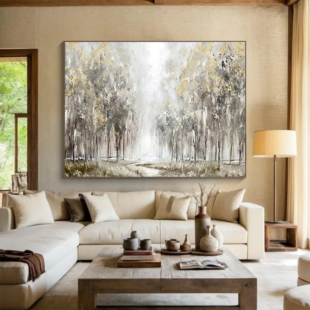 “Misty Golden Forest” - Gray, Gold & Green Landscape, Impressionistic Oil Painting On Canvas DKS737