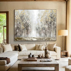 “Misty Golden Forest” - Gray, Gold & Green Landscape, Impressionistic Oil Painting On Canvas DKS737