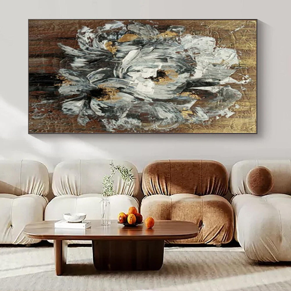 White, Gray, Gold with Textured Flowers "Gilded Blooms" Abstract Floral Painting On Canvas PS1194