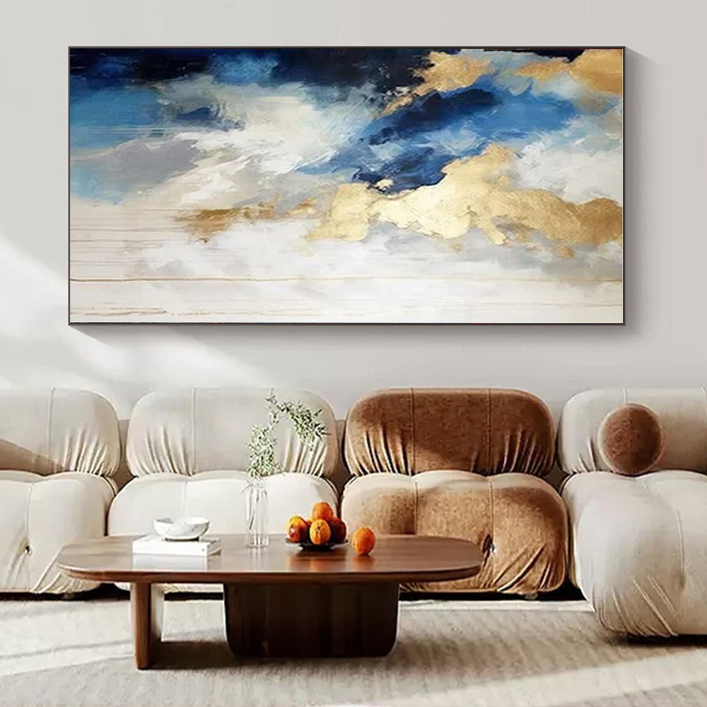 Blue, White, and Gold Abstract Clouds - Flowing Color Abstract Painting On Canvas PS1239